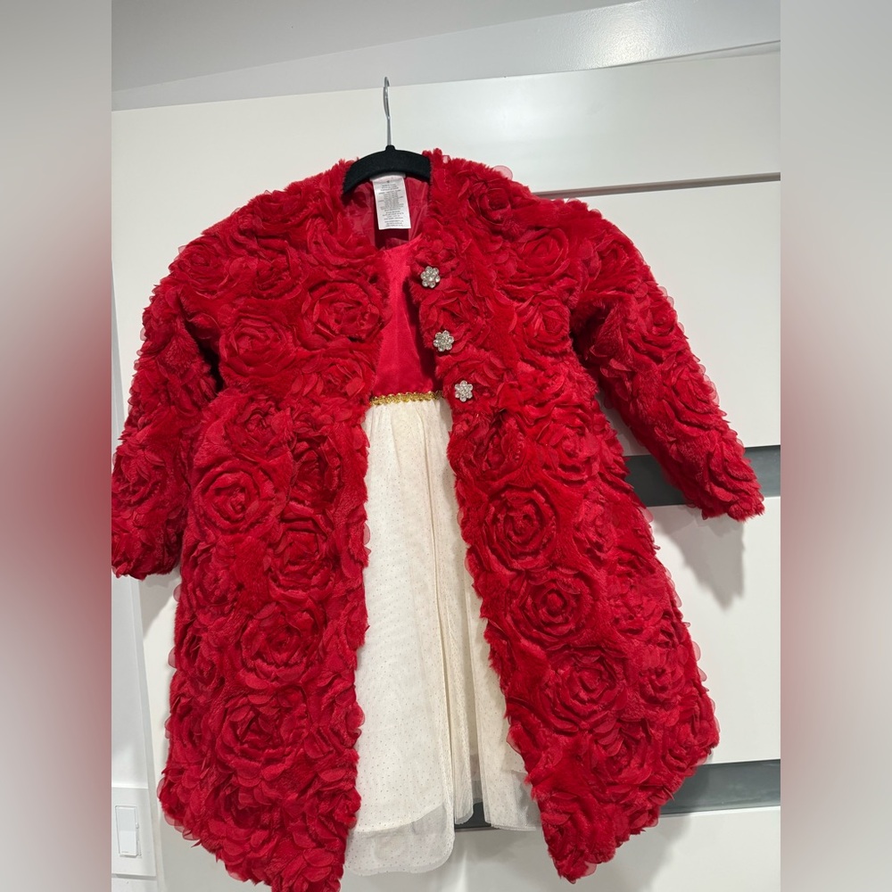 Chic Red Floral Kids Coat and Dress Set
